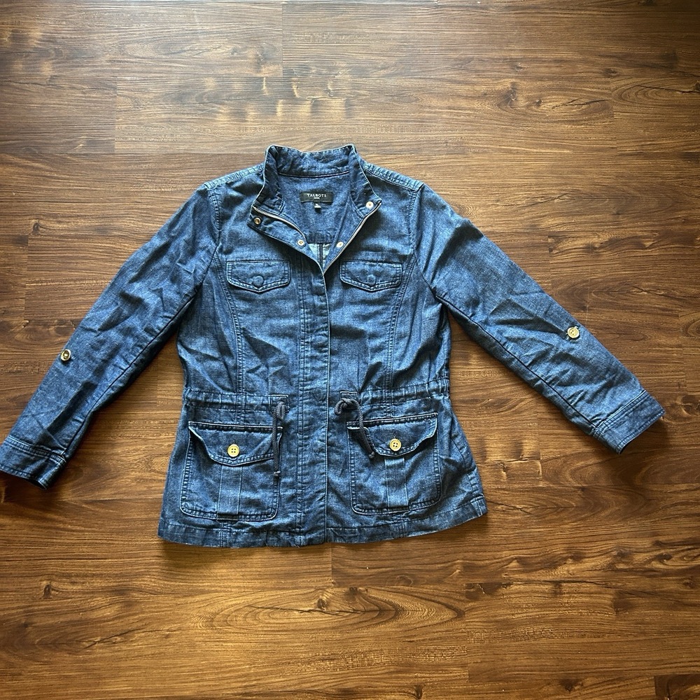 Talbots Denim Jacket Womens Medium Petite MP Blue Denim Full Zip Hemp Cotton